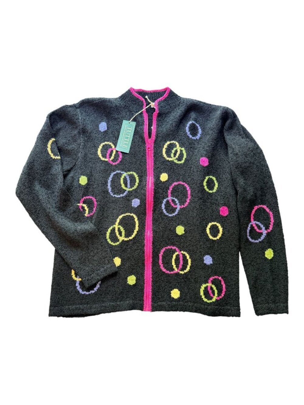 Vintage Tuttle Zip Cardigan Sweater Neon Circle‎ Print Black XL 1990s